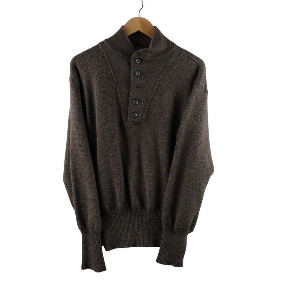 Vintage 70s Mens Large Brown Wool Military Style Button Up Sweater‎